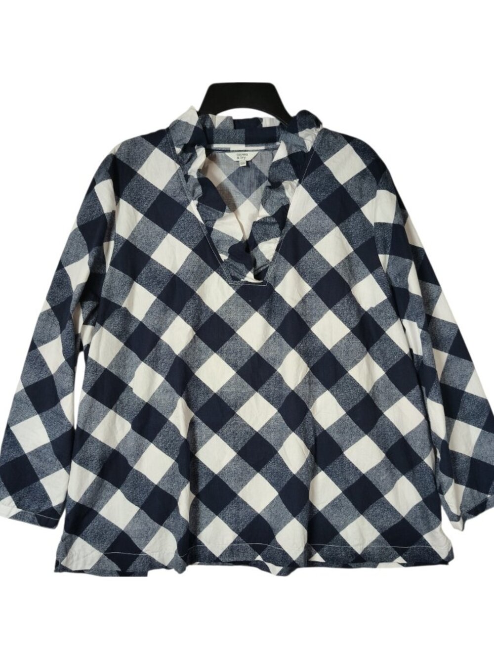 Crown & Ivy Womens XXL Blue Buffalo Plaid Ruffle Vneck Long Sleeve Shirt
